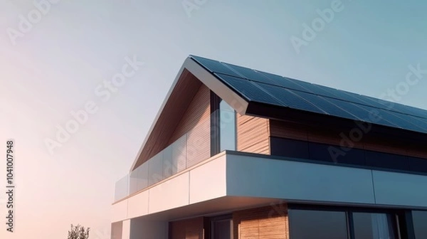 Fototapeta A large house with a slanted roof and a balcony