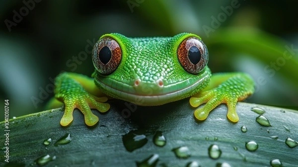 Fototapeta A vibrant green frog perched on a leaf with water droplets.