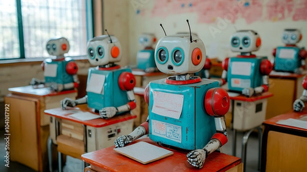 Obraz Robots in classroom, engaging in learning activities with curiosity and focus