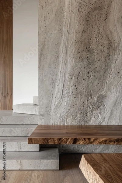 Obraz A textured concrete wall with unique patterns sits adjacent to a wooden bench, highlighting the steps made from similar materials, emphasizing natural design elements.