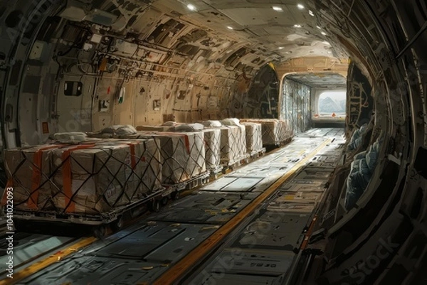 Fototapeta Depict the interior of a cargo plane filled with goods. Highlight the space optimization and securing of cargo, Generative AI