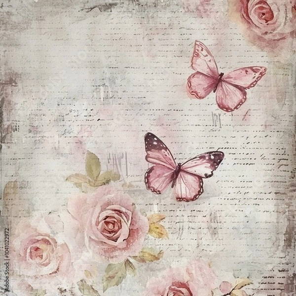 Fototapeta Roses, Butterflies and Script in Pink and Beige on Cream Vintage Paper