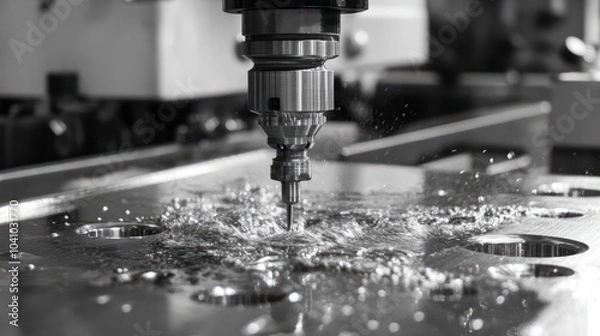 Obraz CNC machining centre drilling steel and using metal working fluid as coolant