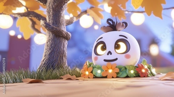 Fototapeta Cute Cartoon Pumpkin Character with Autumn Leaves and Tree