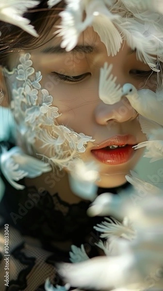Obraz Woman Surrounded by White Doves: A Dreamy Portrait