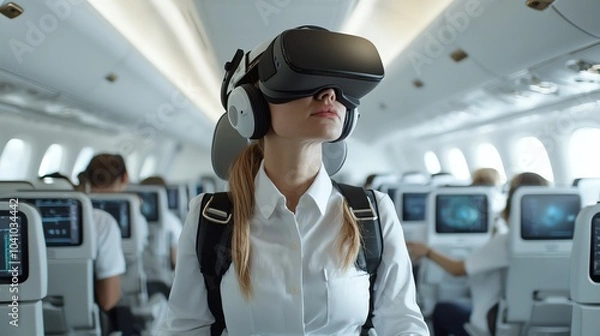 Fototapeta Flight attendants practicing emergency procedures in VR
