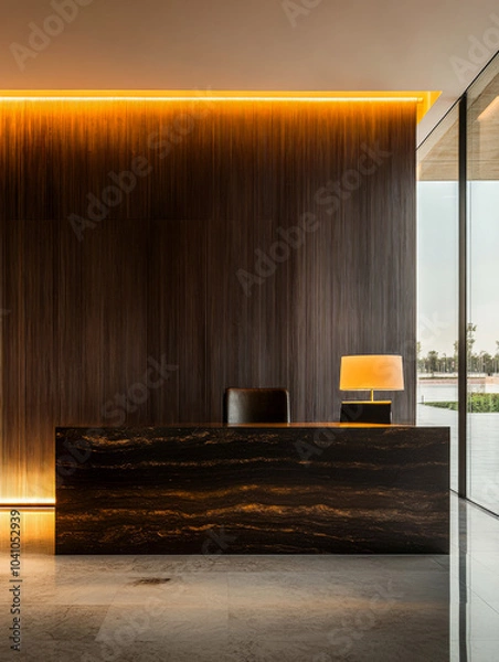 Fototapeta Modern reception area with elegant lighting and minimalist design in a contemporary building