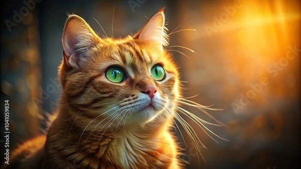 Fototapeta A ginger cat with captivating green eyes stares into the golden light of the setting sun, its whiskers catching the warm glow.