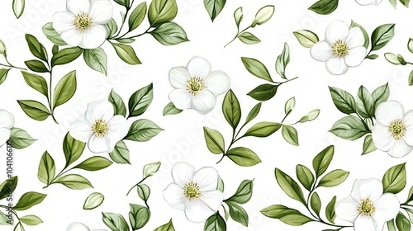 Obraz A beautiful floral pattern featuring white flowers and green leaves on a soft background, perfect for nature-inspired decor.