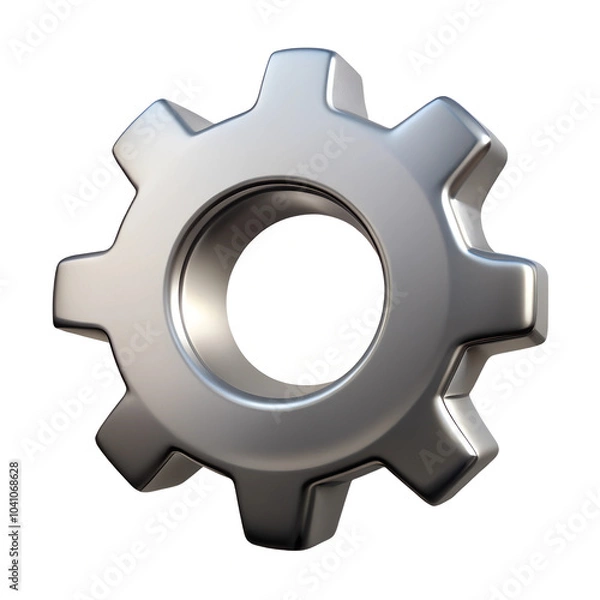 Fototapeta Gear icon, silver with visible teeth and inner circle, isolated on a white background