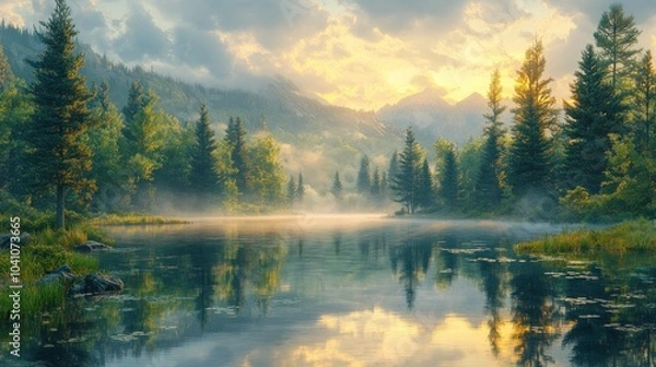 Fototapeta Serene landscape with a river, mountains, and lush greenery.