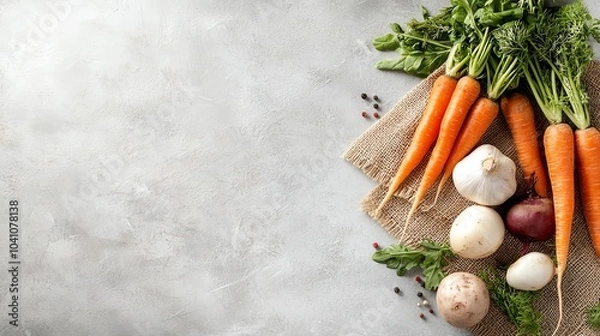Fototapeta Creative flat lay of colorful root vegetables like beets and carrots on a burlap sack