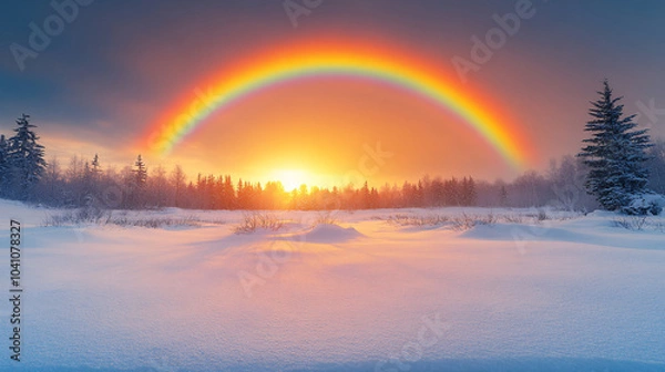 Fototapeta Rainbow with snowy mountains in the background and green trees in foreground. morning in Switzerland alps. Mist and fog rising in the morning.
