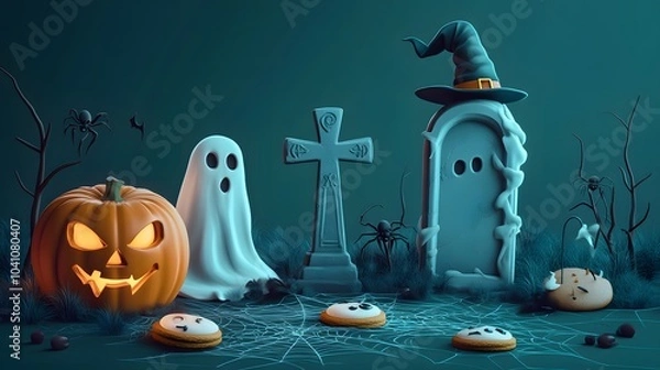 Fototapeta Graveyard tombstone and cross, spider and cobweb, ghost and pumpkin, witch hat and melting wax on candle, cookies eyes. Vector in 3d style, Halloween themed decoration for party or postcard
