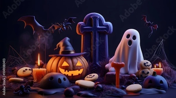 Fototapeta Graveyard tombstone and cross, spider and cobweb, ghost and pumpkin, witch hat and melting wax on candle, cookies eyes. Vector in 3d style, Halloween themed decoration for party or postcard
