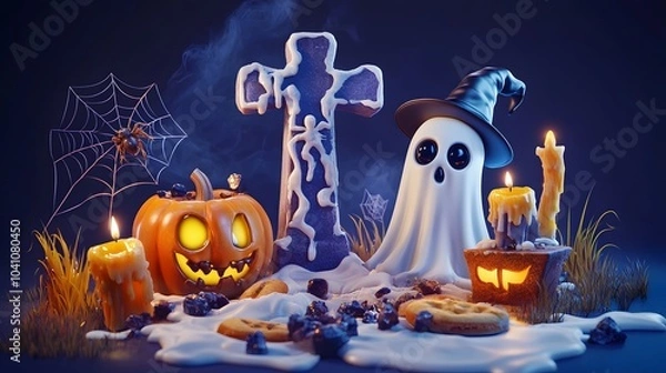 Fototapeta Graveyard tombstone and cross, spider and cobweb, ghost and pumpkin, witch hat and melting wax on candle, cookies eyes. Vector in 3d style, Halloween themed decoration for party or postcard