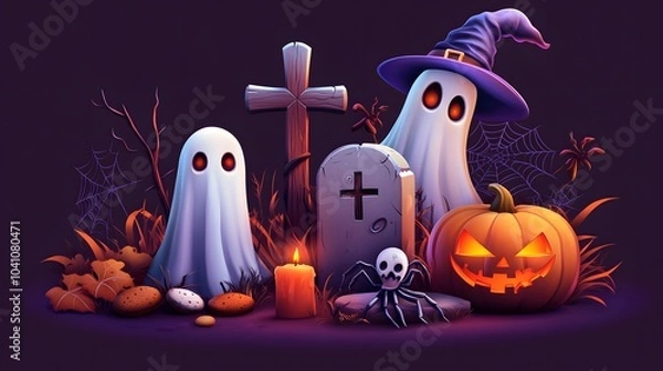 Fototapeta Graveyard tombstone and cross, spider and cobweb, ghost and pumpkin, witch hat and melting wax on candle, cookies eyes. Vector in 3d style, Halloween themed decoration for party or postcard