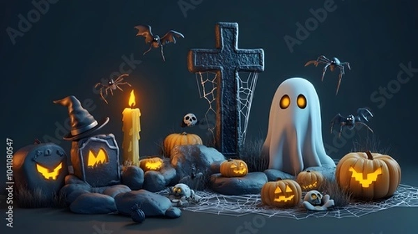 Fototapeta Graveyard tombstone and cross, spider and cobweb, ghost and pumpkin, witch hat and melting wax on candle, cookies eyes. Vector in 3d style, Halloween themed decoration for party or postcard