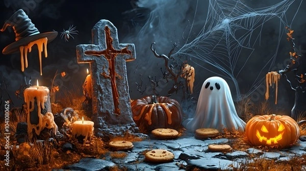 Fototapeta Graveyard tombstone and cross, spider and cobweb, ghost and pumpkin, witch hat and melting wax on candle, cookies eyes. Vector in 3d style, Halloween themed decoration for party or postcard