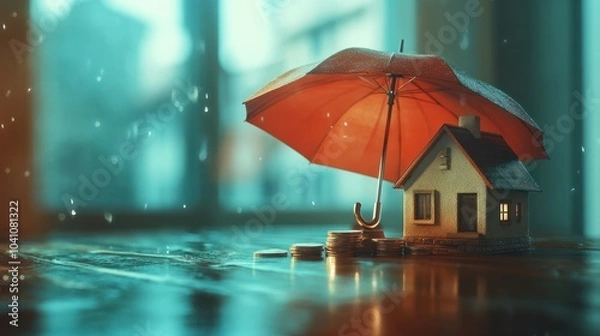 Fototapeta Model of umbrella with house and coins on wooden table concept of the system of insurance savings and the cost of health insurance