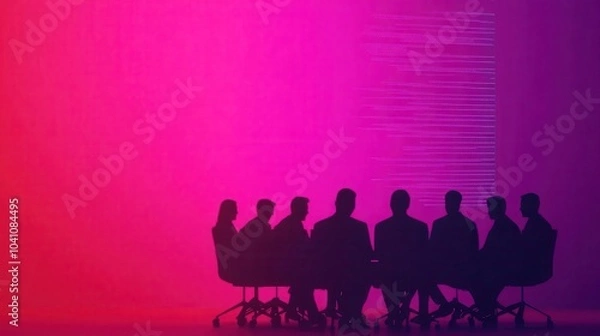 Fototapeta A group of silhouettes sitting in chairs against a vibrant, colorful background, creating an atmosphere of mystery and collaboration.