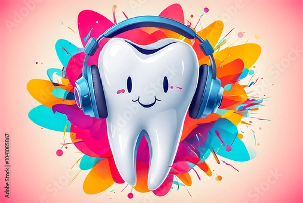 Obraz Illustration of tooth with headphones and sunglasses  on the abstract background.