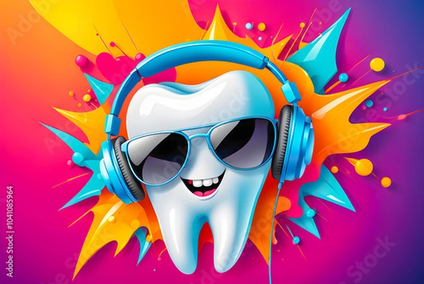 Obraz Illustration of tooth with headphones and sunglasses  on the abstract background.