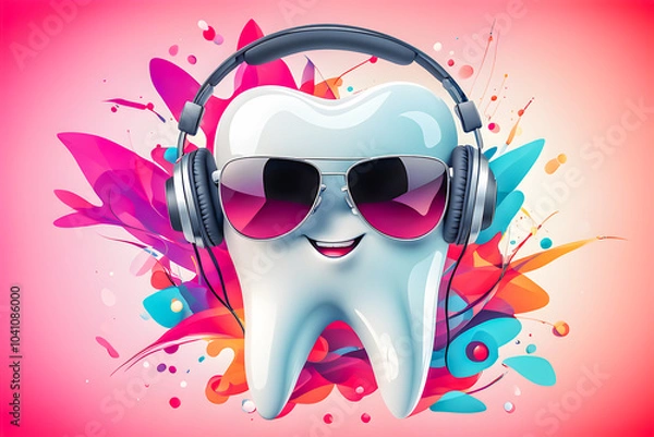 Obraz Illustration of tooth with headphones and sunglasses  on the abstract background.