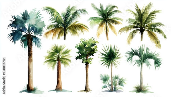 Fototapeta Watercolor palm trees clip art set on a white background, in neutral colors