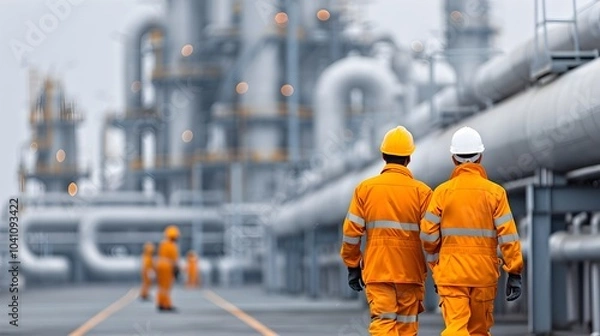 Obraz Workers in safety gear conducting regular safety inspections and maintenance checks on gas pipelines and equipment within a large industrial refinery complex