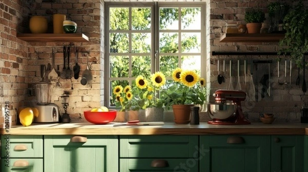 Fototapeta A sunny kitchen with a rustic touch: green cabinets, sunflowers, and a red lemon bowl. A window opens to a brick wall, with a mixer and hanging tools in view.