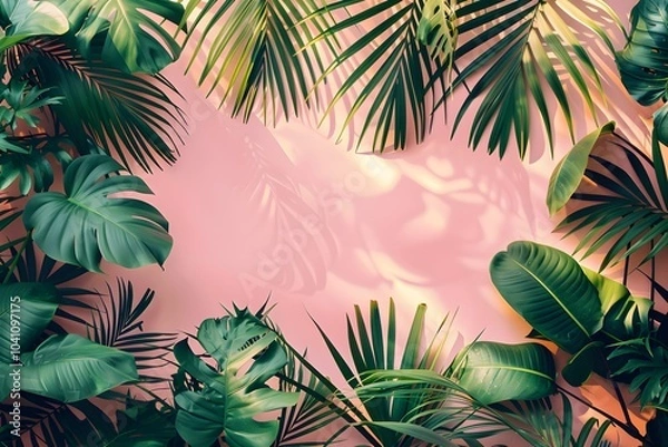 Fototapeta The shadow of a palm tree on a pink wall