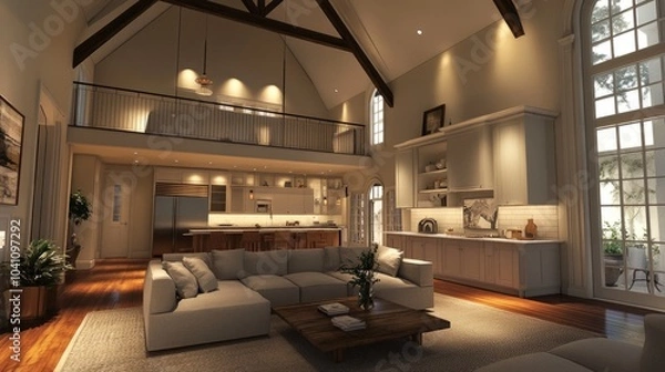 Fototapeta Elegant and spacious living room with soaring ceilings. The design integrates a kitchen, entryway, and a loft for additional space.