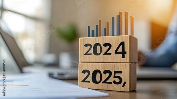Fototapeta Wooden blocks with 2024 and 2025 with a bar graph above on a desk.