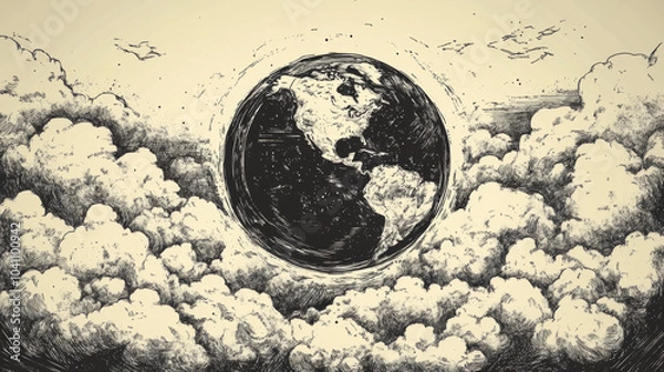 Obraz A hand-drawn sketch of Earth, perfect for a t-shirt design. The illustration looks like an old-fashioned engraving, with black and white details.