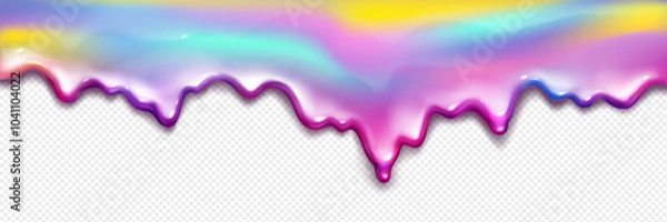 Fototapeta Rainbow slime splash isolated on transparent background. Vector realistic illustration of color gradient liquid substance dripping down surface, abstract colorful glitter, iridescent fluid border