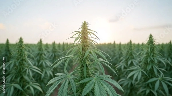 Fototapeta A field of cannabis plants at sunset, with one plant in the foreground.