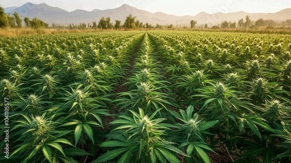 Fototapeta A field of cannabis plants growing in rows under the morning sun.