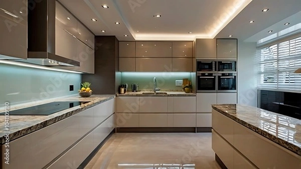 Obraz Contemporary U-shaped kitchen with high-gloss cabinetry, integrated appliances, granite countertops, and recessed lighting, complemented by a reflective glass backsplash that enhances illumination.
