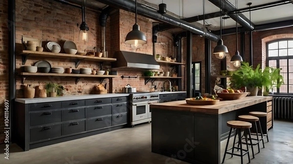 Fototapeta Explore the Charm of an Industrial Kitchen Featuring Exposed Brick Walls, Reclaimed Wood Island, Vintage Pendant Lighting, and Sleek Black Appliances for a Perfect Blend of Style and Functionality.
