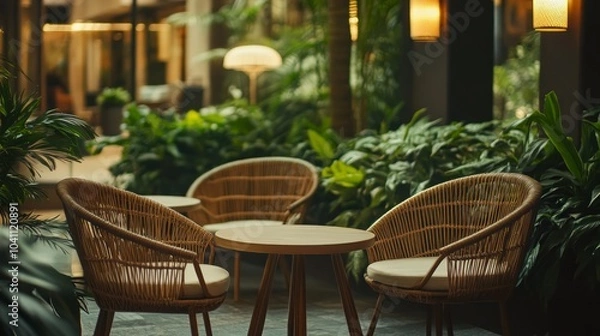 Fototapeta A small patio seating area with four wicker chairs and a small table surrounded by lush greenery.