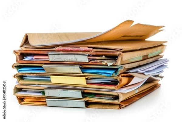 Fototapeta A stack of papers with a note attached, ideal for illustrations or designs related to work, education, or organization