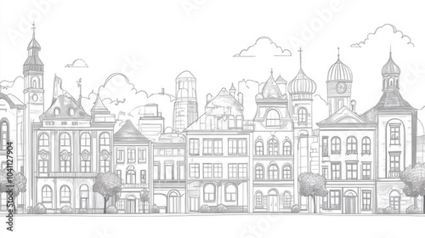 Fototapeta Line drawing of architectural elements Cityscape sketch 2D cartoon illustration of urban architecture Architectural illustration in a creative style