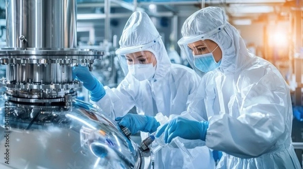 Fototapeta 16102242 01 Factory workers dressed in protective gear operating machinery in a cleanroom environment for pharmaceutical production