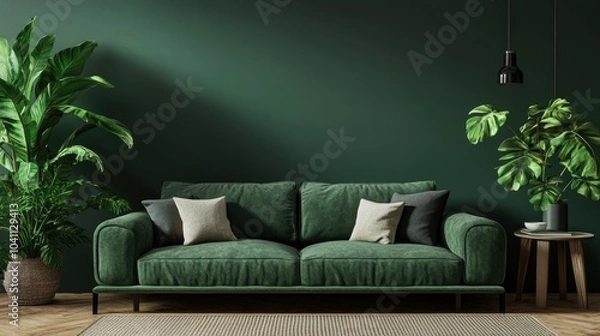Fototapeta 3D rendering of a stylish living room interior featuring a couch