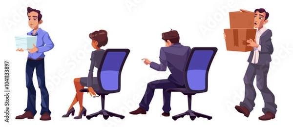 Fototapeta Office workers characters in different tasks. Cartoon vector set of male person holding paper stack and carrying two boxes, man and woman sitting in chair with back. Various activities in business.