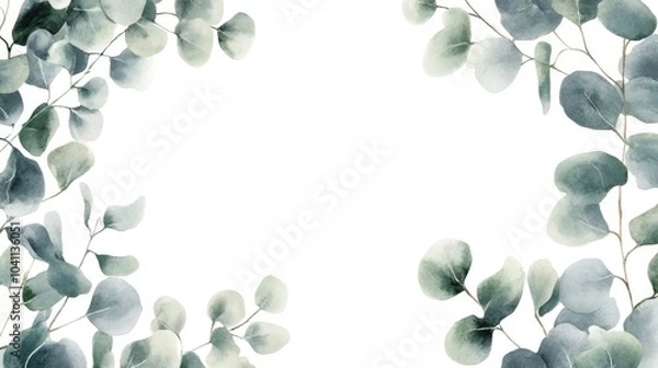 Fototapeta Watercolor frame featuring hand drawn eucalyptus branches in a botanical illustration on a white background