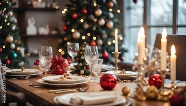 Obraz A festive Christmas dinner table setting with plates, glasses, and holiday decorations in front of a blurred Christmas tree with twinkling lights.