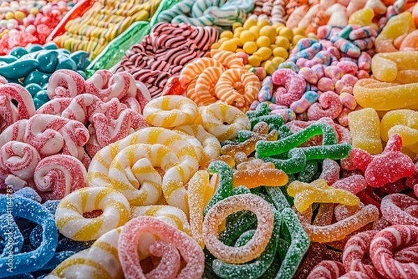 Fototapeta A vibrant array of delectable candies in diverse shapes and flavors promises a delightful treat for sweet enthusiasts.