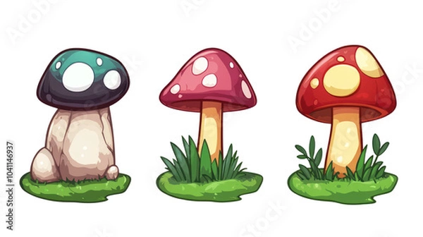 Fototapeta Mushrooms in grass, set of game assets, 2D cartoon style